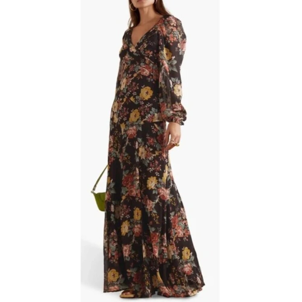 NWT $898 VERONICA BEARD RUNWAY AVANI BROWN FLORAL PRINT SILK MAXI DRESS SZ US 2 - Picture 3 of 10